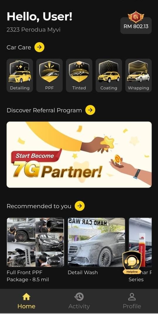 7G Car Care app — home screen