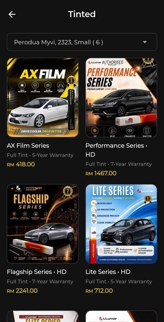 7G Car Care app — tint film options