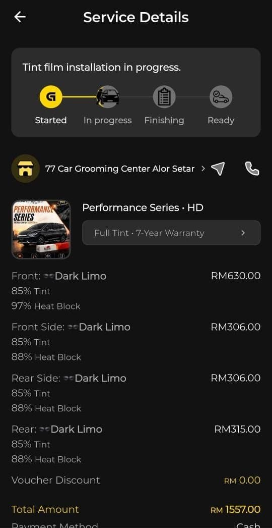 7G Car Care app — service progress