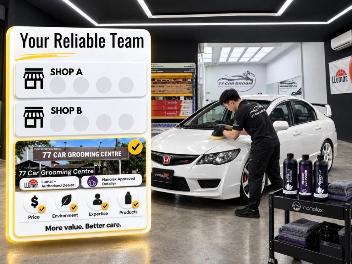 Comparison card for Your Reliable Team, Shop A and Shop B beside a detailer polishing a white Honda
