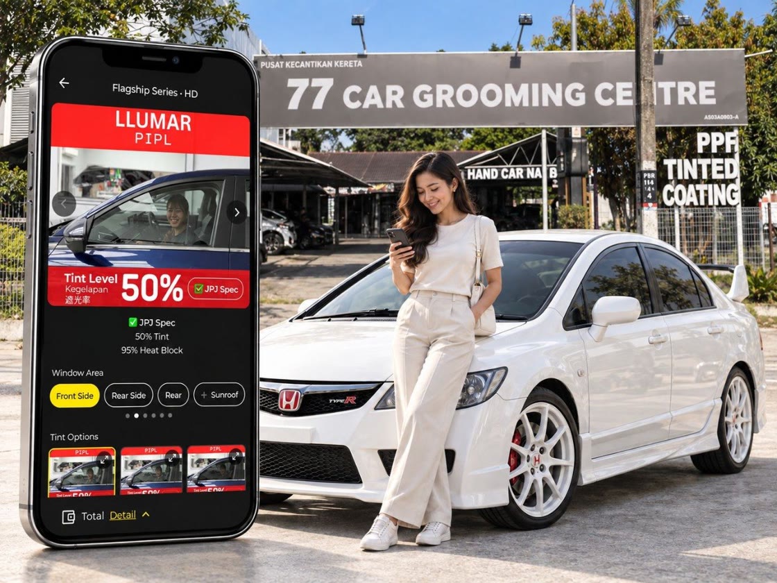 Phone showing the LLumar tint picker beside a woman standing by a white Honda at 77 Car Grooming Centre