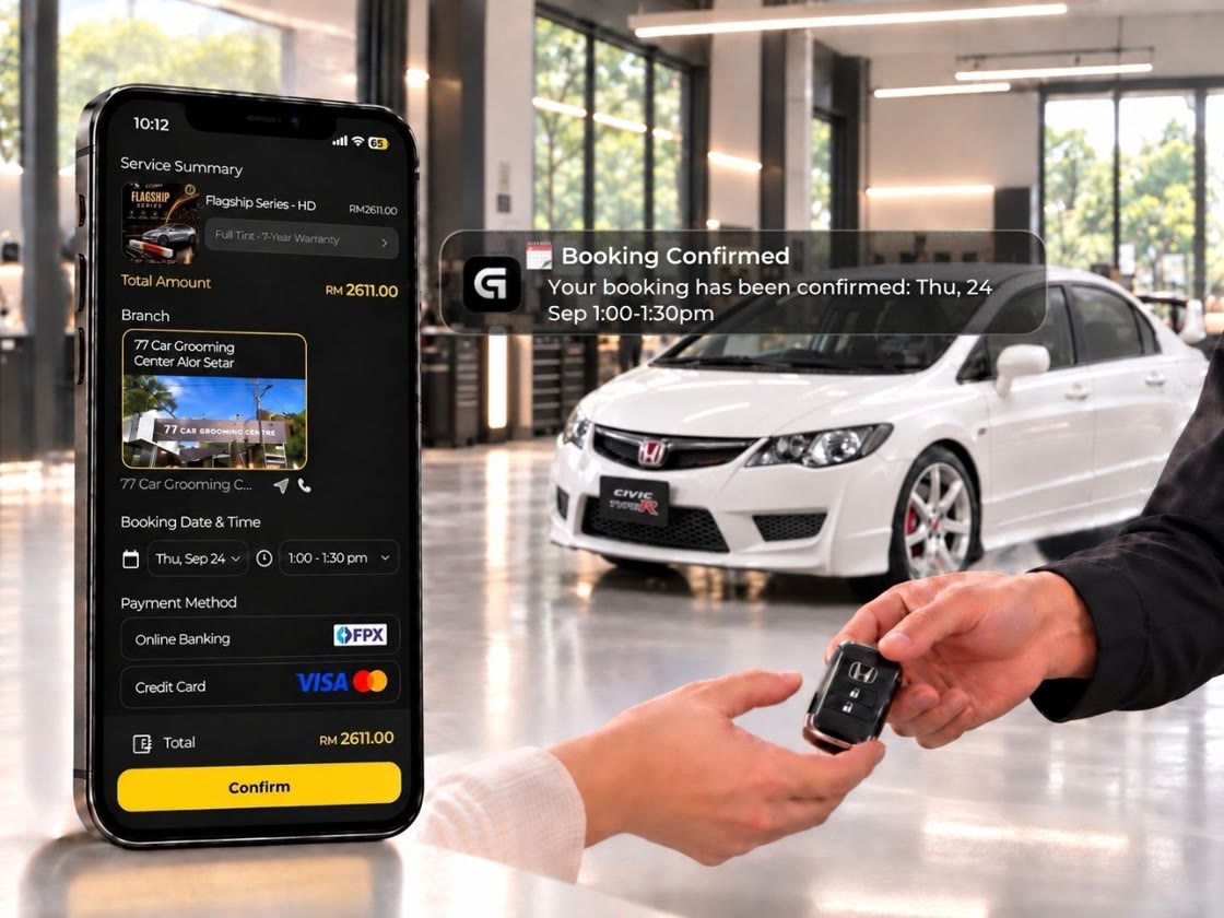 Phone showing the booking summary and a Booking Confirmed notification beside a car key handover
